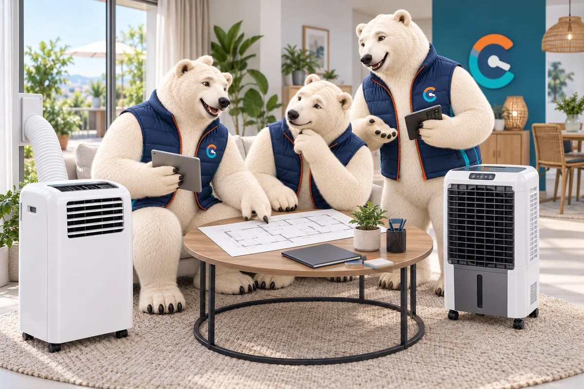 Devis de location de climatiseurs : l’équipe d’ours Urgence Clim prépare une estimation autour d’un plan, avec une tablette et les appareils.