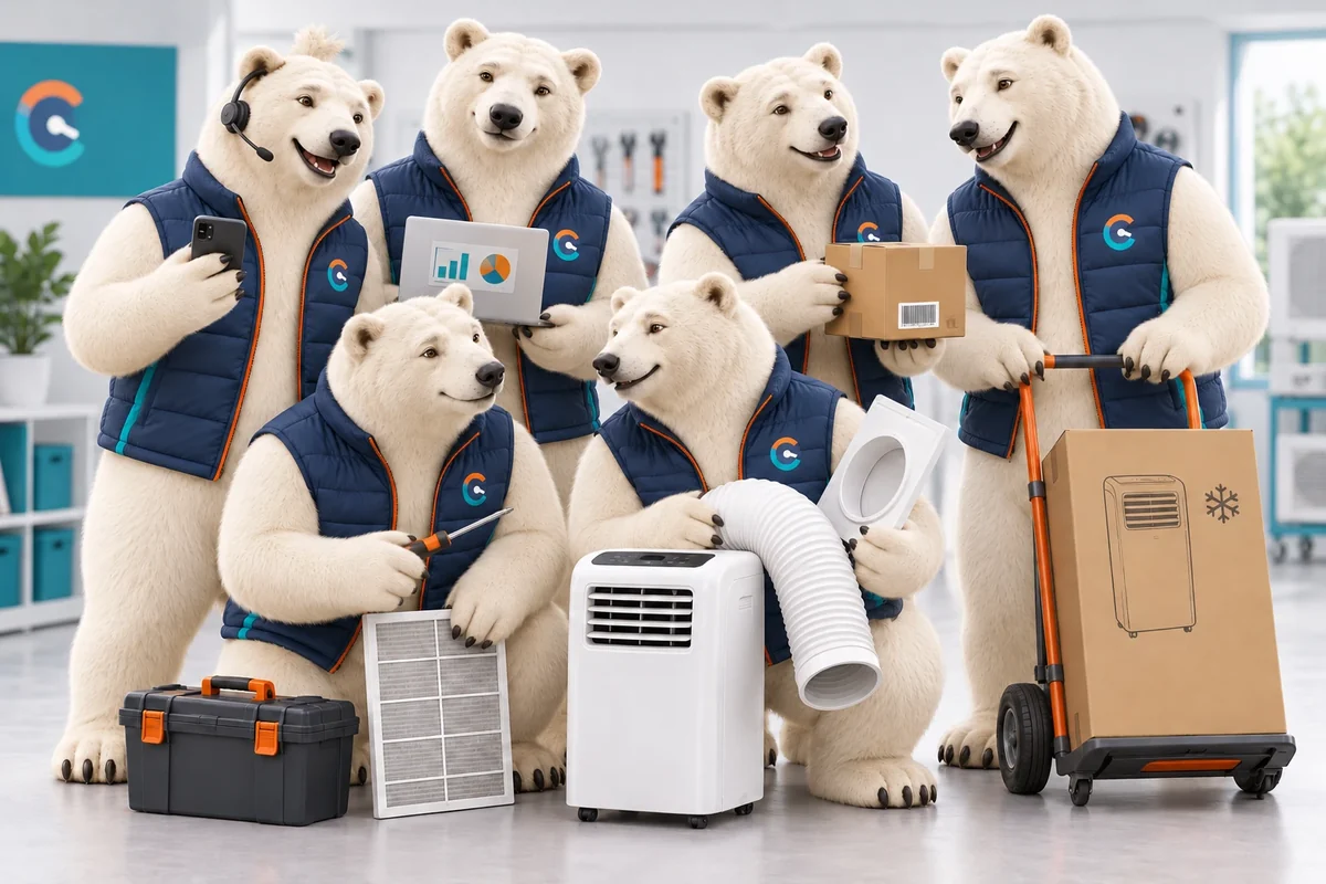 L’équipe d’ours Urgence Clim réunie : conseil au téléphone, suivi sur ordinateur, logistique, entretien des filtres, installation de la gaine et livraison sur diable.