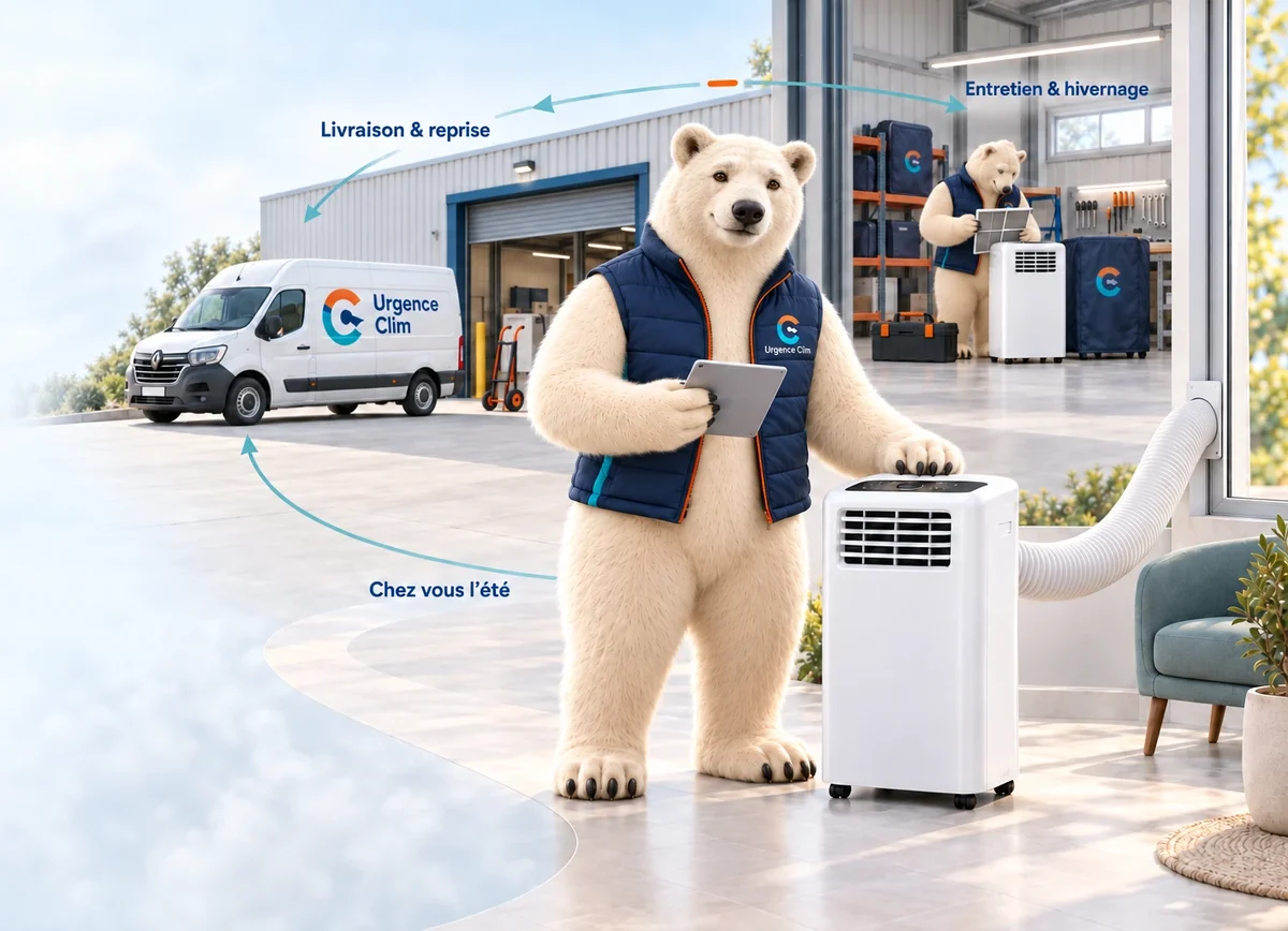 Location de climatiseurs mobiles : l’ours Urgence Clim à côté d’un climatiseur mobile, devant le camion de livraison et l’atelier où les appareils sont entretenus et stockés l’hiver.
