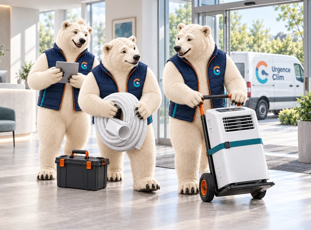 L’équipe d’ours Urgence Clim arrive dans un hall avec un climatiseur sur diable, la gaine et la caisse à outils. Le camion de livraison est garé dehors.