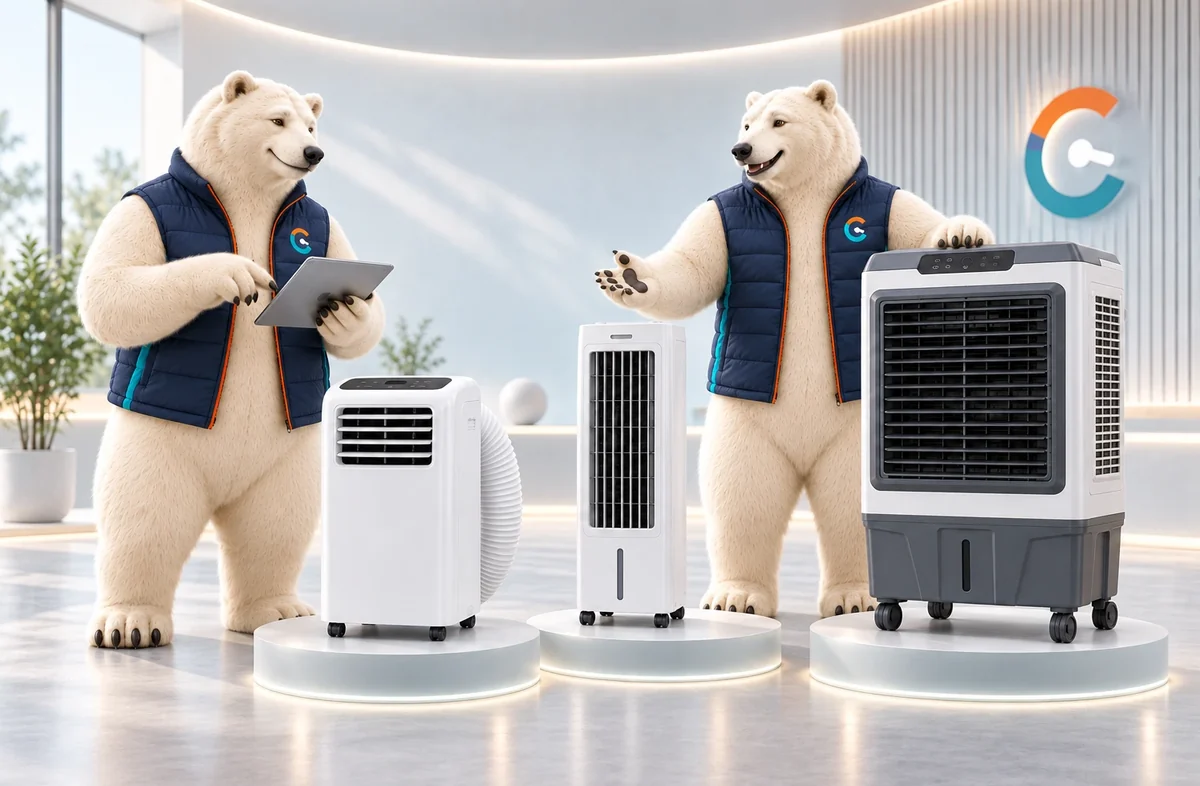 Deux ours Urgence Clim présentent un climatiseur mobile et deux rafraîchisseurs d’air dans un showroom.